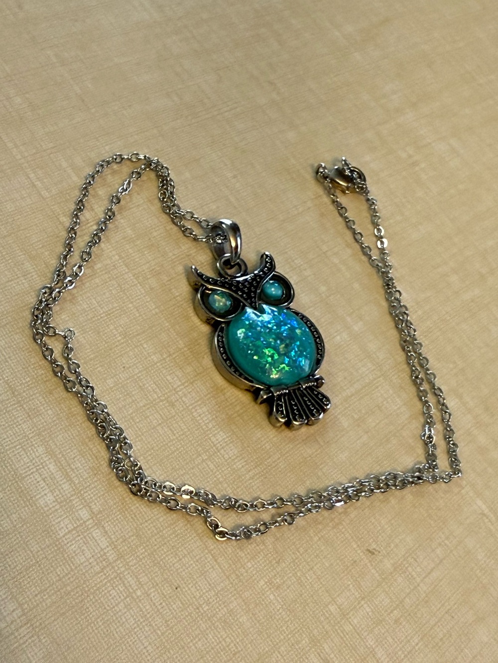 Silver Owl Pendant Necklace with Teal Opal Cabochon - Never Worn